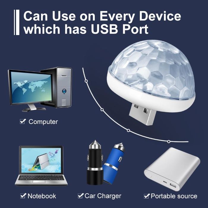 Уникална RGB LED USB Крушка за кола автомобил Powerbank цветомузика