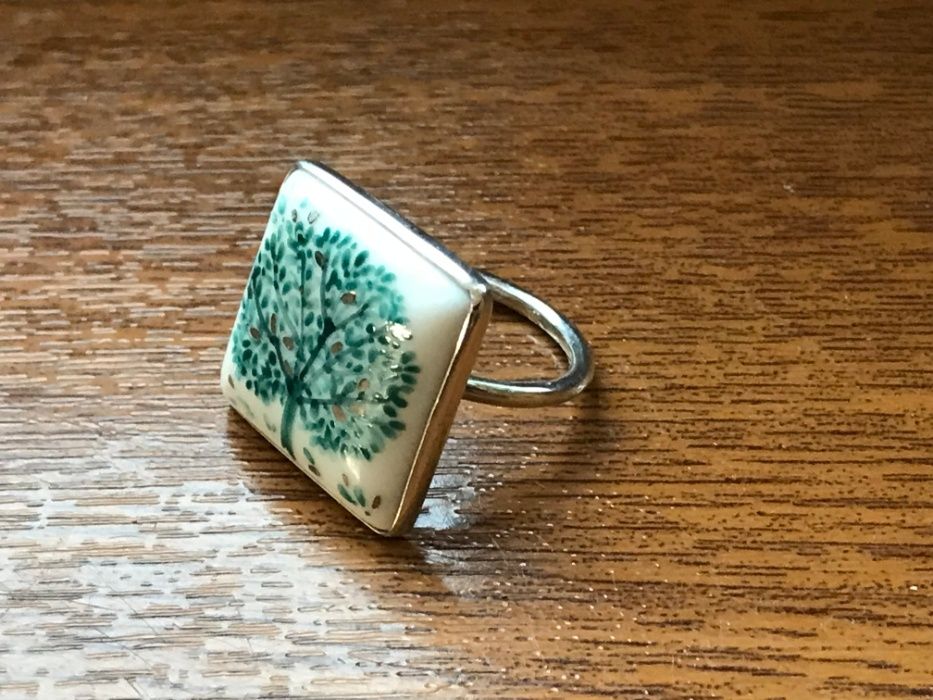 Inel portelan și argint suflat cu platină pictat manual Copacul Vietii