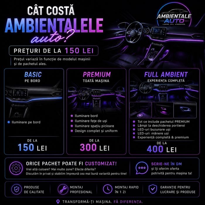 Instalare lumini ambientale auto LED – pachete de la 150 lei