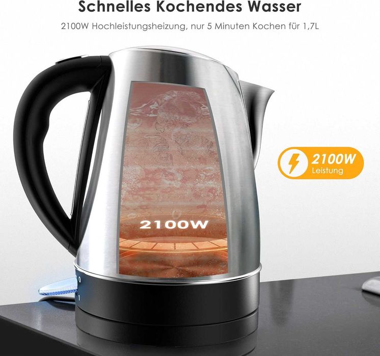 Електрическа кана KitchenBoss от неръждаема стомана 1.7 л: Електрическа кана 2100 W, с подвижен филтър, индикатор за нивото на водата