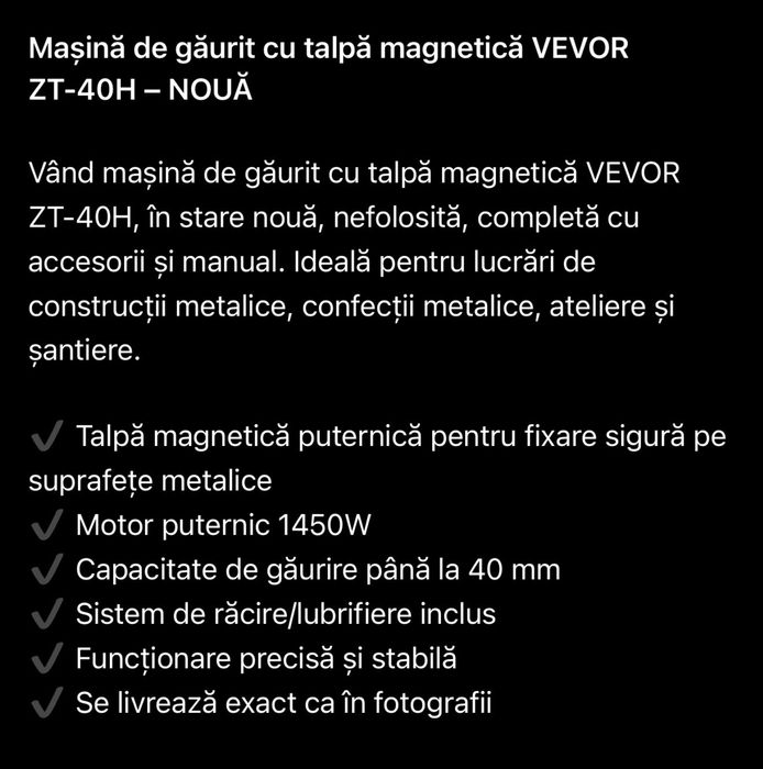 Masina de gaurit cu talpa magnetica vevor