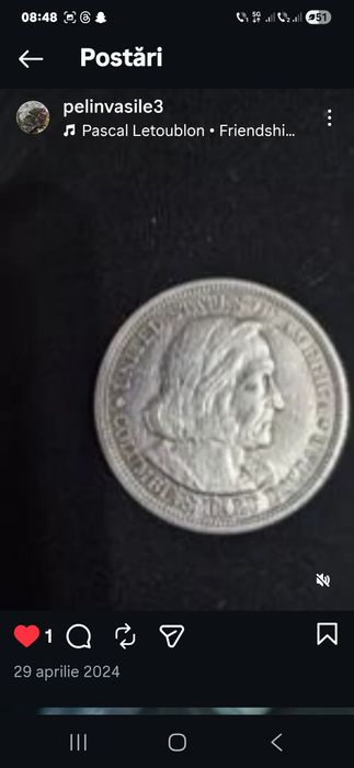 Monedă foarte rară de argint pur,Amerika anii,1492-1892