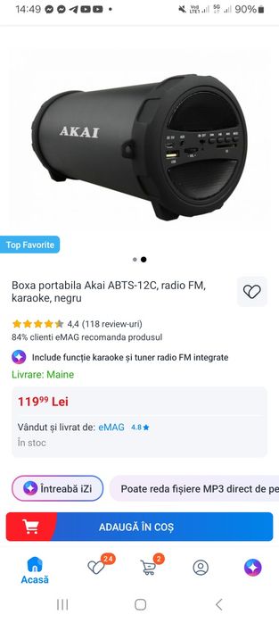 Vand boxa portabila, bluetooth  Akai, sigilata,  2 ani garantie