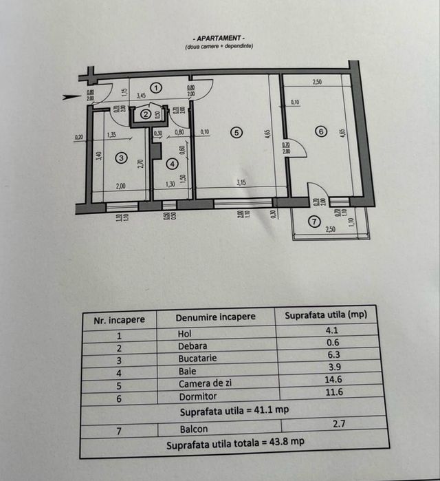 Apartament 2 camere semidecomandat etaj 1 suprafata 45 mp