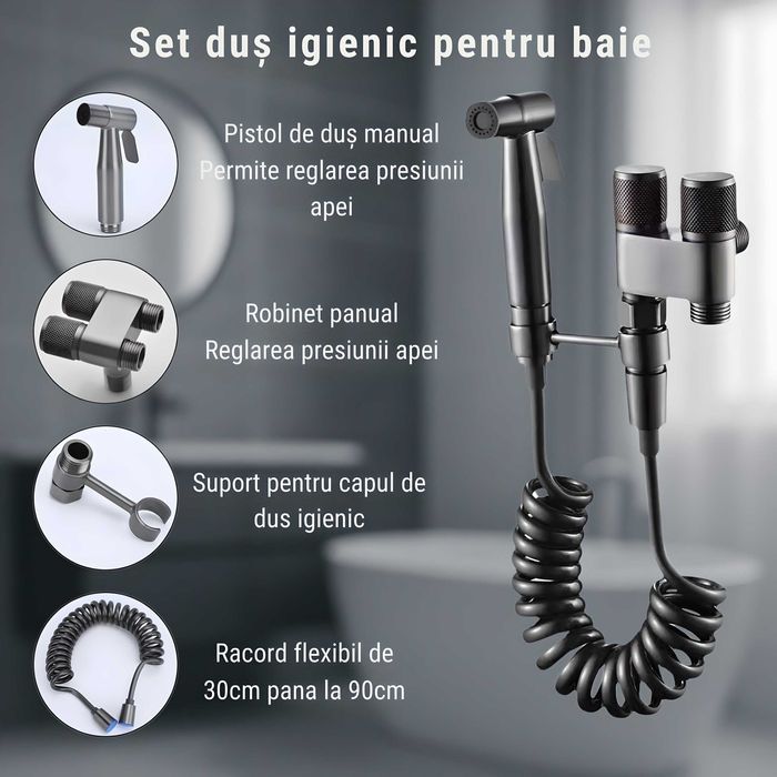 Set Dus Igienic Gri Antracit pentru WC/Bideu – Robinet Dublu Cald/Rece