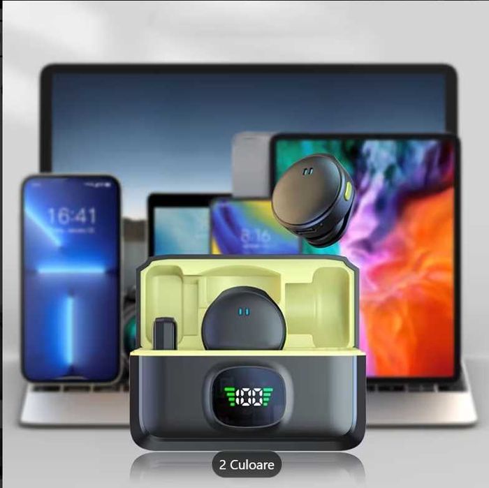 Set 2 Microfoane Lavaliera Profesionale cu Magnet, Mufe Type C si Lightning , Wireless, Reducere Android