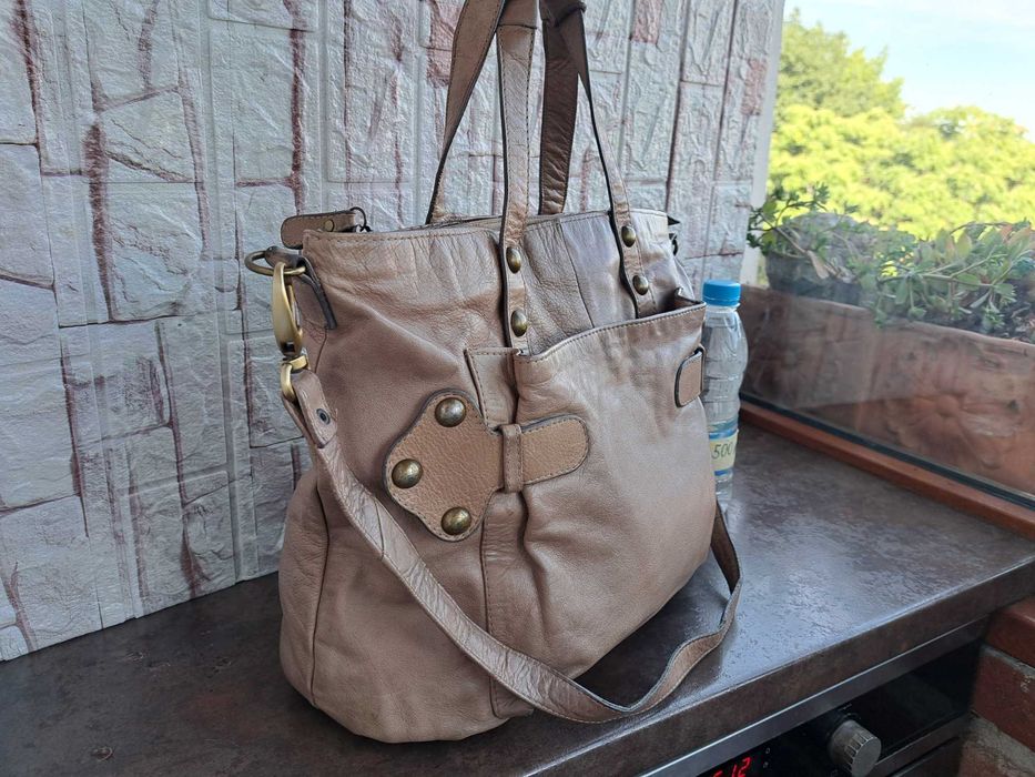 дамска чанта,бежова кожена торба-естествена кожа