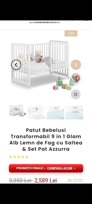Patut Bebelusi Transformabil 9 in 1 Glam Alb Lemn de Fag cu Saltea & Set Pat Azzurra