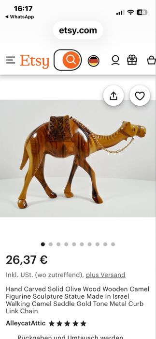 Антикварна ръчно резбована фигура на камила масивно маслиново дърво !