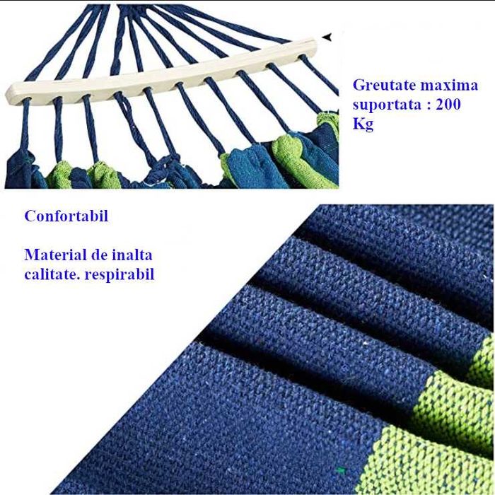 Hamac Verde-Albastru, Din Bumbac, 2 Carabine incluse, max 200kg