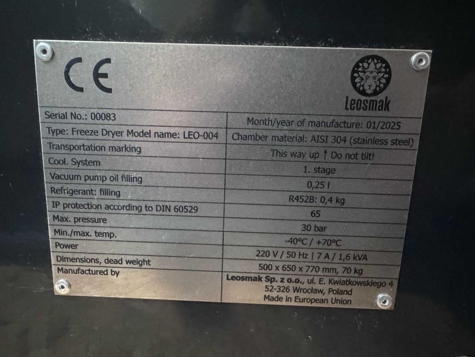 Liofilizator / Freeze Dryer Leosmak LEO-004, compact profesional, 4 kg/batch, pompă vacuum integrată