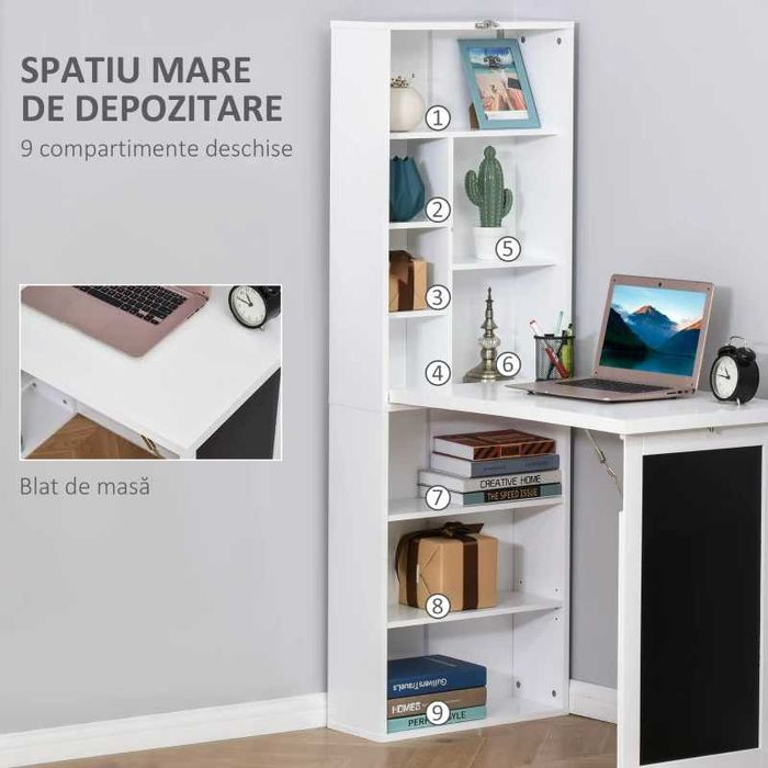 Birou Pliabil 2‑in‑1 – Cu Biblioteca si Tabla, Alb