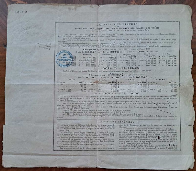 Obligațiune Istorică Canalul Panama (Anul 1888) – Piesă de Colecție / Scripofilie