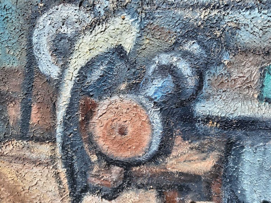 Tablou vechi - masinaria timpului - semnat si datat Neagu P. 1973