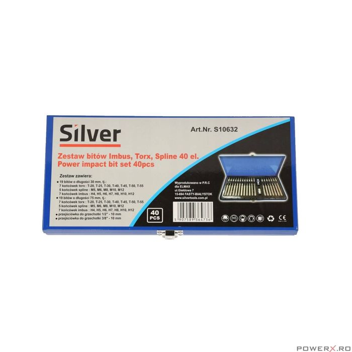 Trusa biti, imbusuri, torx, canelat, 40 piese, Silver