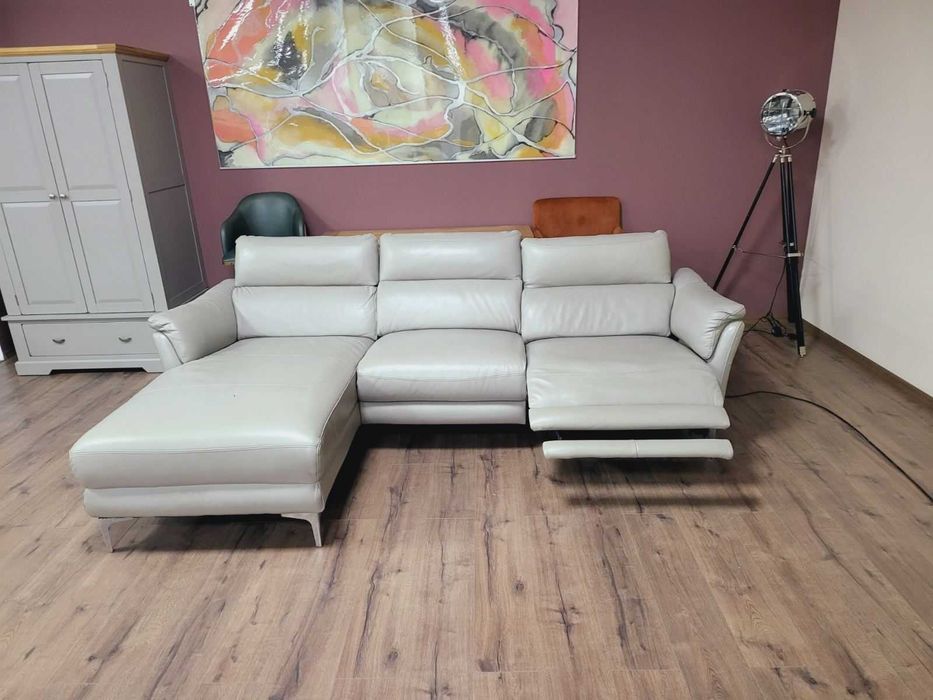 Сив кожен ъглов диван с електрически релакс механизъм