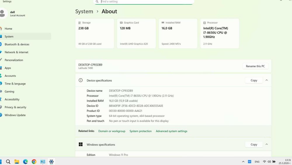Dell-7490-i7 8650U/16GB-DDR4/256GBSSD-Nvme,Windows11-висок бизнес клас