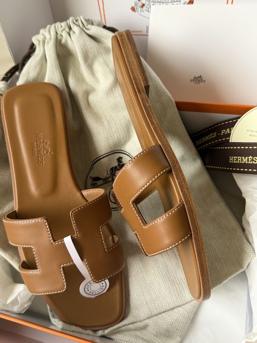 Шлепки Hermes Oran коричневые 1:1, 37 premium