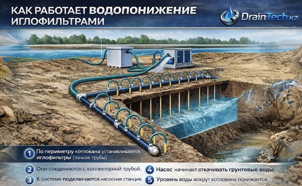 Водопонижение грунтовых вод иглофильтрами.