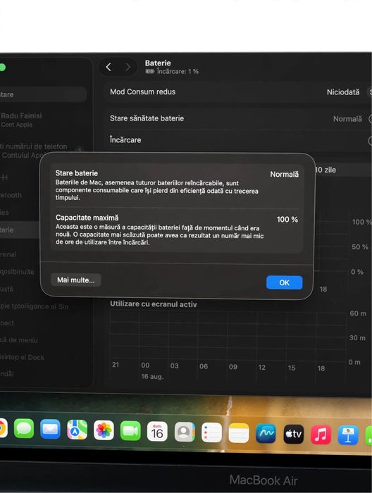 MacBook Air M1 2020 Space Gray 8GB/256GB Baterie 100% Stare Impecabila