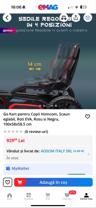 Kart copii Homcom, scaun reglabil - pana la 8 ani