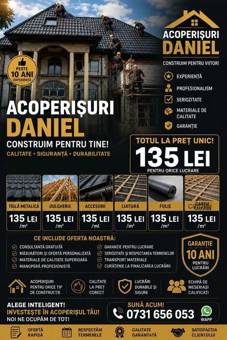 Montaj Acoperisuri – Reparatii acoperisuri – Mansardare – Dulgherie: 

Va punem la dispozitie servicii de montaj acoperisuri, reparatii