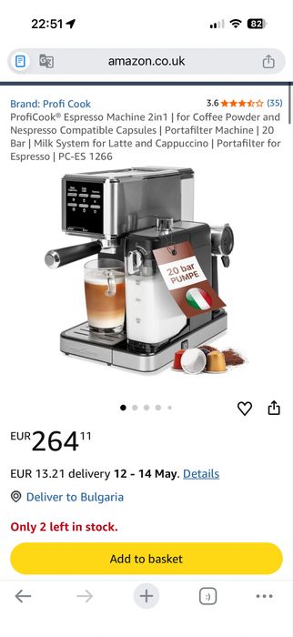 Еспресо машина  ProfiCook® Полуавтоматична, 2 в 1 работи с смляно кафе и Nespresso капсули