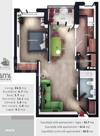 Apartament 2 camere, 51.60 mp, intermediar, balcon, parcare, boxa, Zon — fotografia 1