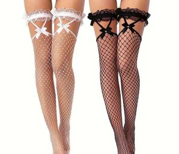 Stockings/ciorapi plasa cu jartiere strasuri si fundite set alb+negru