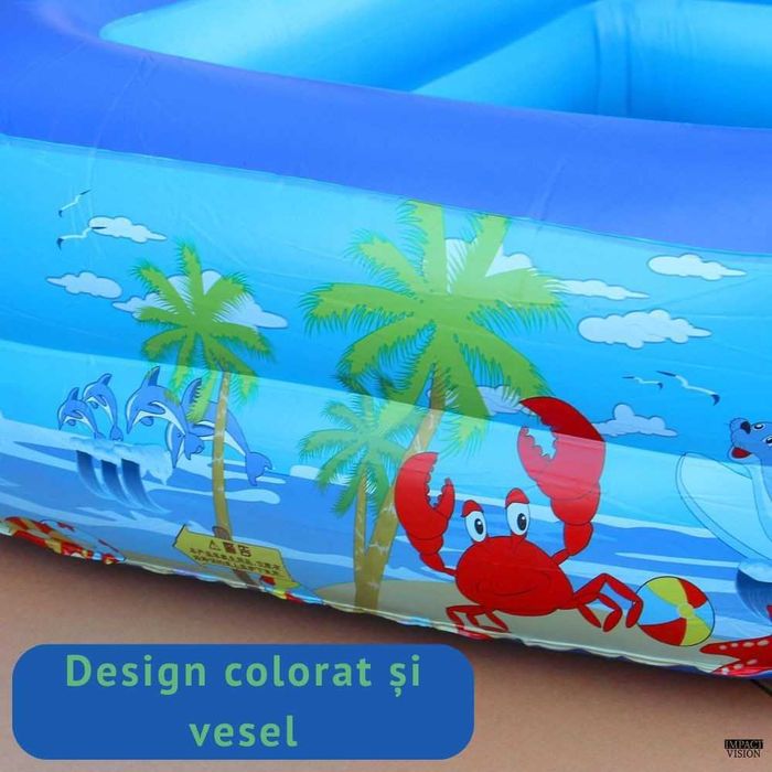 Piscina Gonflabila pentru copii, Multicolora, Dreptunghiulara, Baza moale si doua inele gonflabile, Dimensiuni 115 x 82 x 33 cm, Vinil rezistent