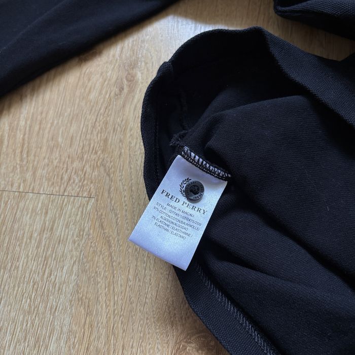 Tricou polo damă Fred Perry, negru bumbac piqué twin tipped mânecă 3/4 casual top, size L