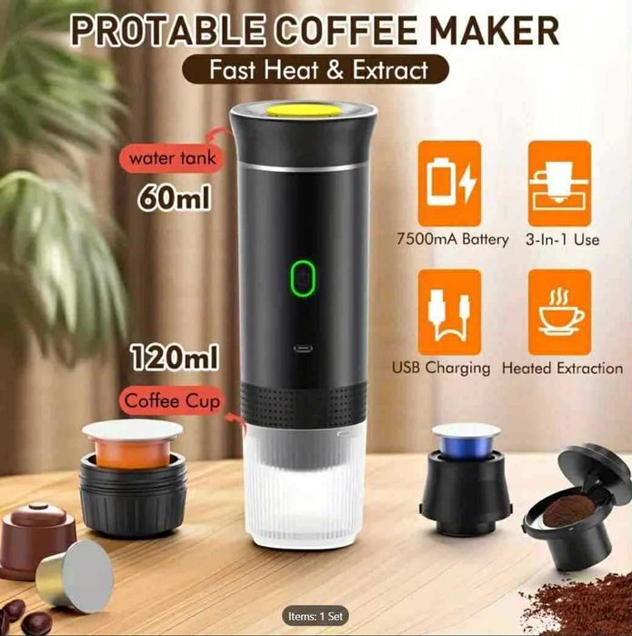 Безжична преносима кафемашина 3 в 1, 20 бара, Съвместима с капсули