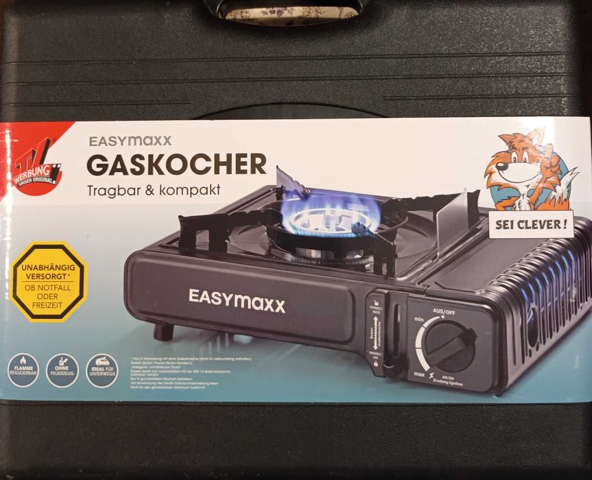 Преносима къмпинг газова печка EASYmaxx транспортна кутия и флакон газ
