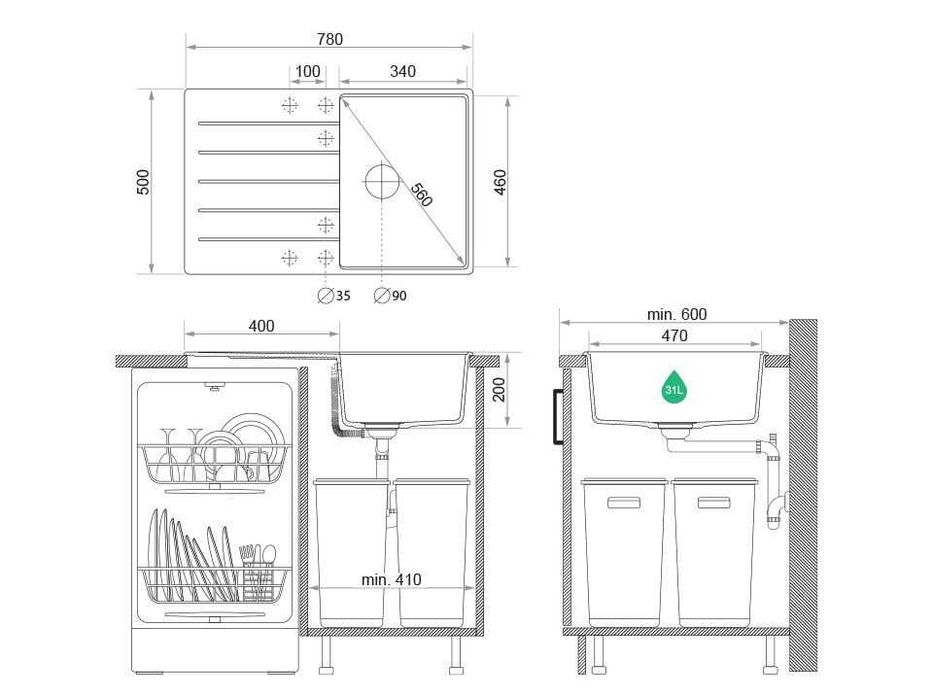 Черна кухненска гранитна мивка Копенхаген 780х500 Top 45