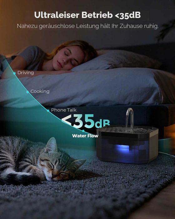 Фонтан за пиене за котки, 2.4 л, ултра тих фонтан за домашни любимци с 5-степенен филтър