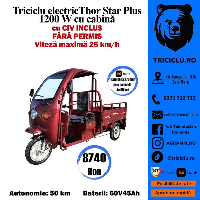 Triciclu electric Thor Star PLUS CIV inclus cu cabina 1200 W Agramix