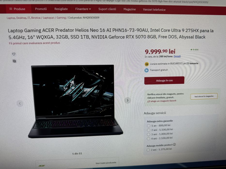 ACER Predator Helios Neo 16 AI,  intel Ultra 9, 32GB, Nvidia RTX 5060