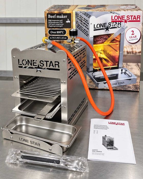 Grill steak / Beef Maker Lone Star pe gaz GPL – peste 800°C – NOU, cu cutie și accesorii