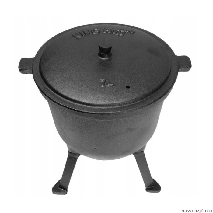 Ceaun din fonta cu picioare si capac, 7litri, negru, Kinghoff