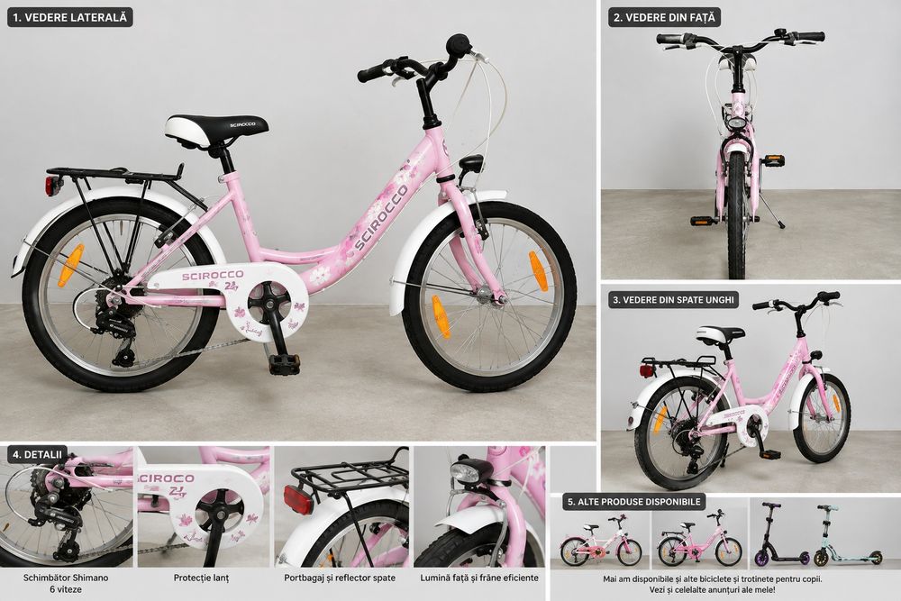 Bicicletă fete Scirocco Lovely 20", 6 viteze, portbagaj