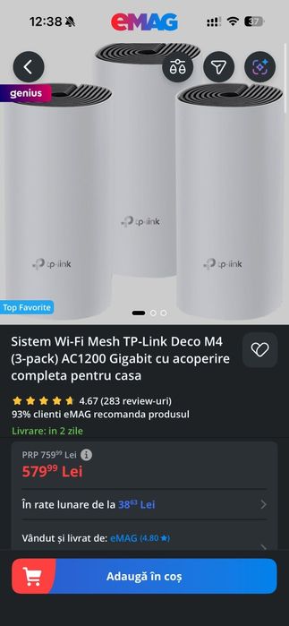 Sistem Wi-Fi Mesh TP-Link Deco M4 (3-pack) AC1200 Gigabit cu acoperire