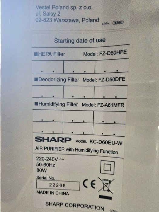Омлажняващ пречиствател на въздух  SHARP KC-D60EU-W