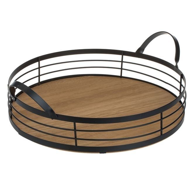 Кръгъл поднос за сервиране-дърво и метал