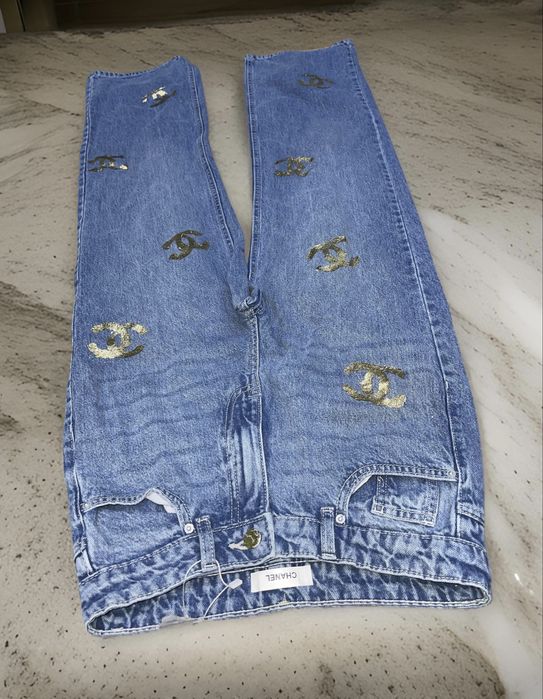 Chanel denim шанел дънки панталони златни висока талия лъскави сини