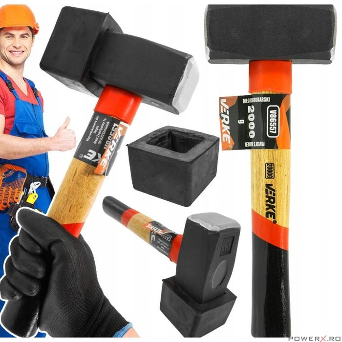 Ciocan din cauciuc cu cap dreptunghiular, 2000 g negru, maner din