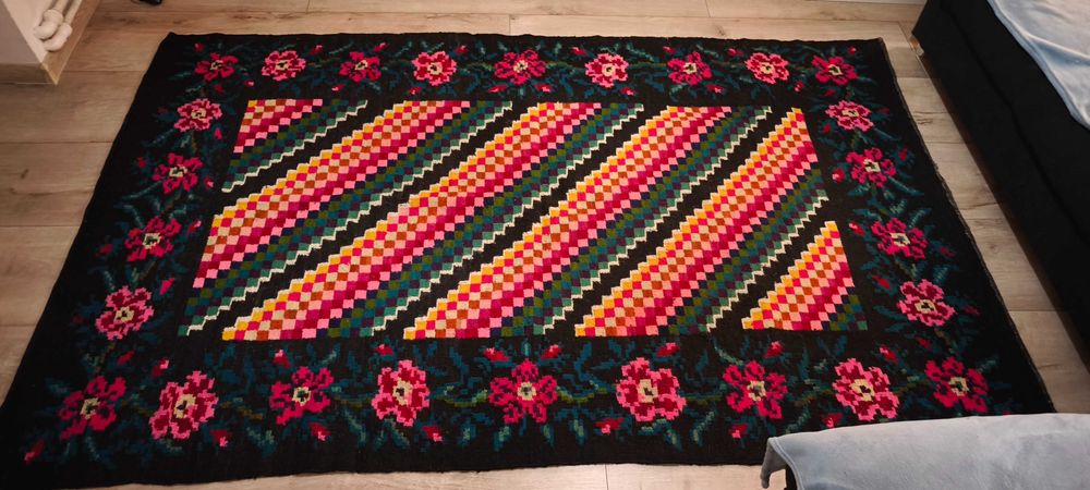 Covor basarabean autentic, 80 ani, lână, 2 fețe, 223×137 cm