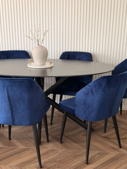 Set de 6 scaune de dining tapițate cu catifea albastră