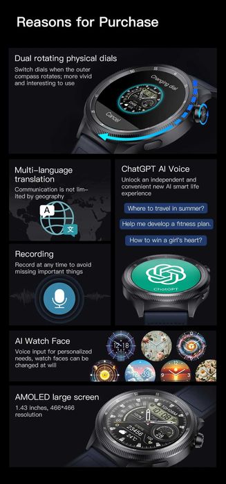 Smartwatch KUMI WATCH Gear GT3 AMOLED, silver, metal, AI, bonus