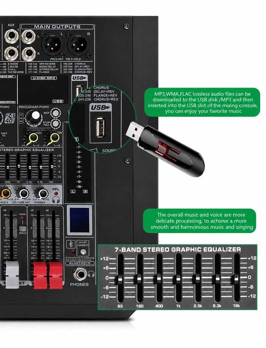 Mixer audio 4 canale 2 x 450W ZZPK4 cu amplificator stereo 256 Efecte DSP Bluetooth USB Egalizator