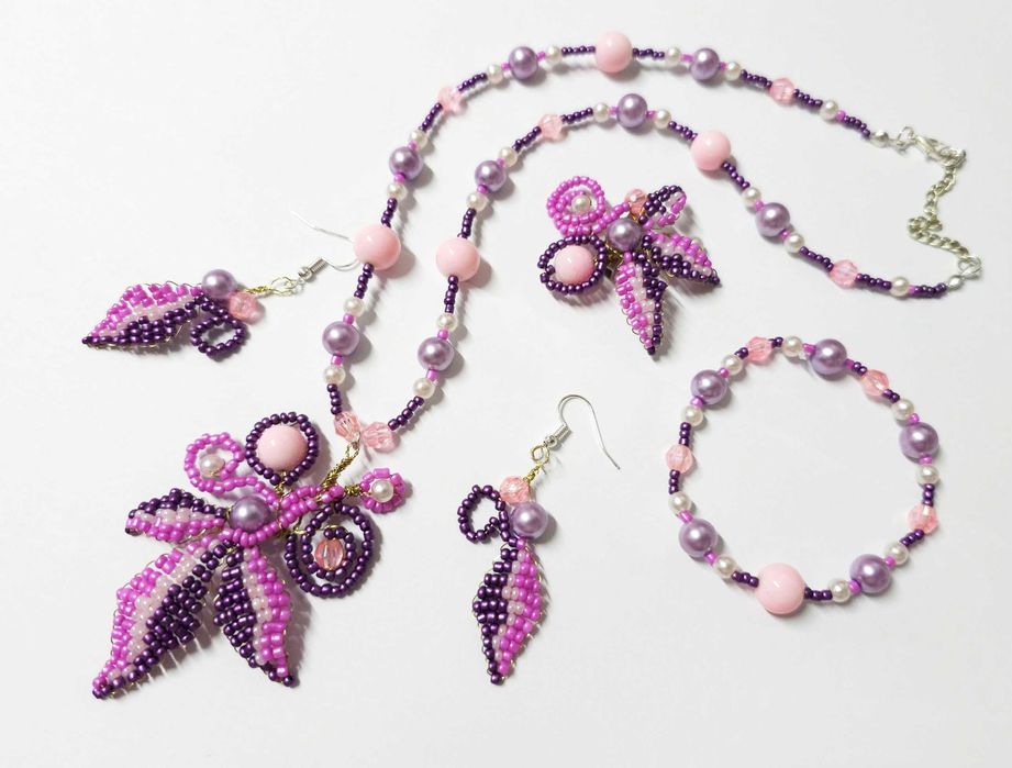Reducere! Set bijuterii handmade Fantezie, mov roz, 4 piese, margele